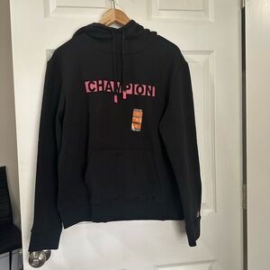 Champion Black Hoodie with Pink Logo